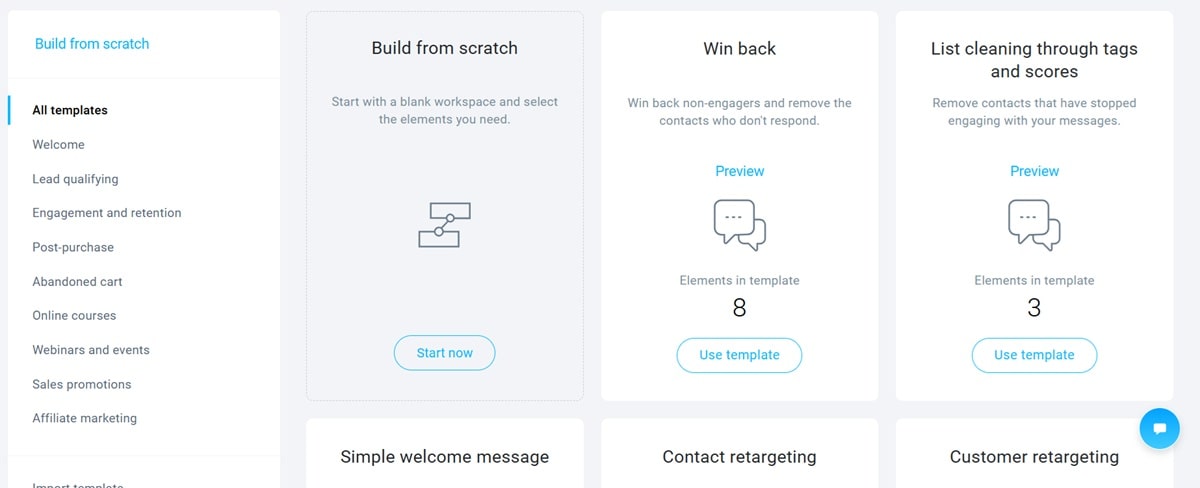GetResponse workflow creation page displaying various automation templates including order confirmation and transactional email options